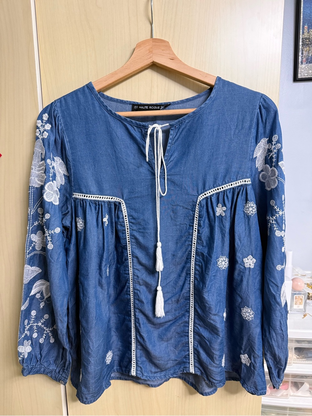 Indigo Embroidered Tassel Peasant Blouse